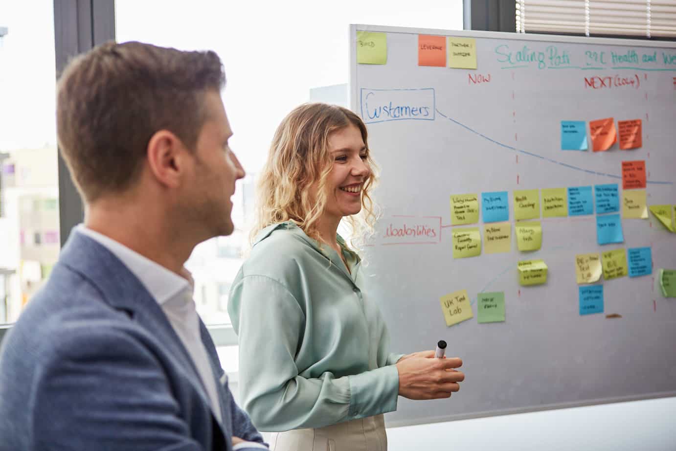 Zwei Mitarbeitende arbeiten gemeinsam an einem Whiteboard mit Notizen und planen strategische Projekte im Team.